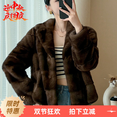 2025新款水貂皮大衣女短款西装领气质海宁裘皮整貂毛皮草外套横排