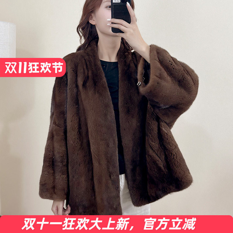 真貂毛水貂皮外套女V领中长款宽松版进口整貂皮草咖啡本色1011