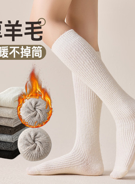 双针羊毛小腿袜女秋冬加绒高筒长袜JK纯色百搭袜子秋冬保暖女袜