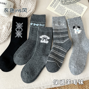 羊毛袜子女生秋冬季 保暖加厚中筒袜卡通小狗蝴蝶结灰色系百搭长袜
