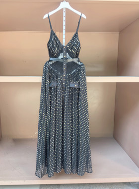 欧美潮牌SP重工波点烫金雪纺长裙吊带礼服裙女高级感深V领连衣裙