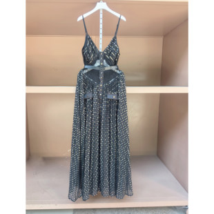 欧美潮牌SP重工波点烫金雪纺长裙吊带礼服裙女高级感深V领连衣裙