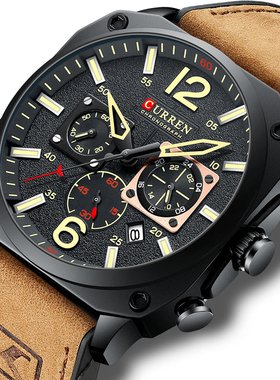 CURREN休闲工装椭圆形男士手表运动防水玻璃时尚日历多功能机芯