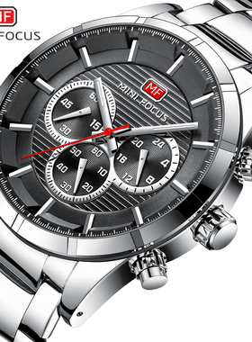 MINIFOCUS方形指针男士商务手表大表盘不锈钢带石英表真三眼