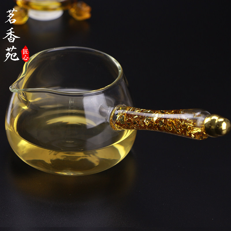 金箔公杯分茶器 玻璃侧把公道杯日式锤纹加厚耐高温功夫茶具配件 - 实物图