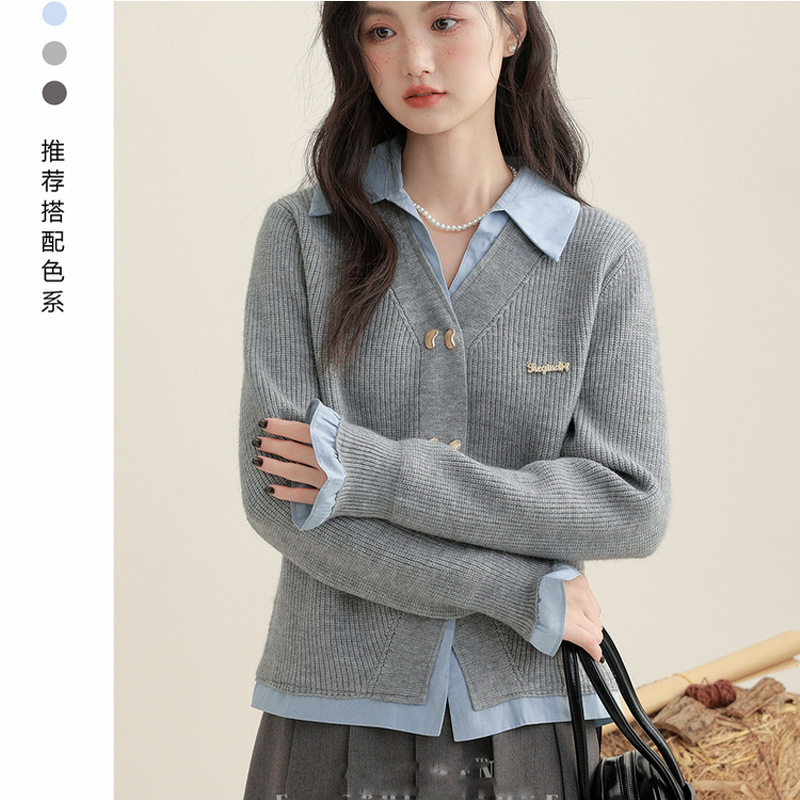 灰色假两件毛衣外套女2025春秋新款POLO领衬衫拼接针织开衫短上衣