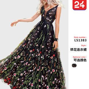 2025欧美ebay性感深V无袖绣花连衣裙 修身露背大摆裙舞会礼服长裙