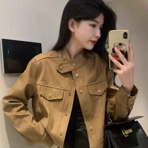 麂皮绒秋冬韩版鹿皮绒外套女宽松显瘦短款长袖夹克上衣宽松型
