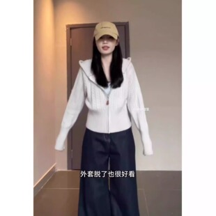 麻花连帽针织开衫女春秋慵懒拉链毛衣外套收腰短款上衣剪标特价