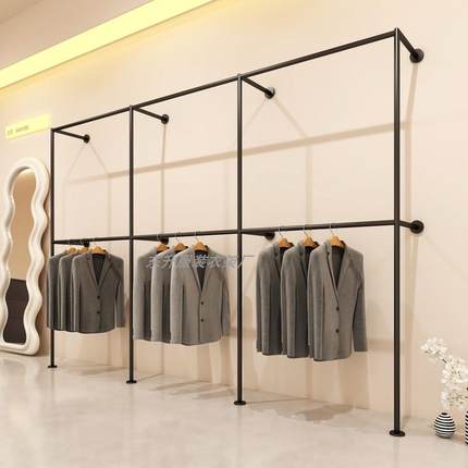 服装店展示架上墙双层挂衣服架子婚纱店西服裤子黑色加粗陈列货架