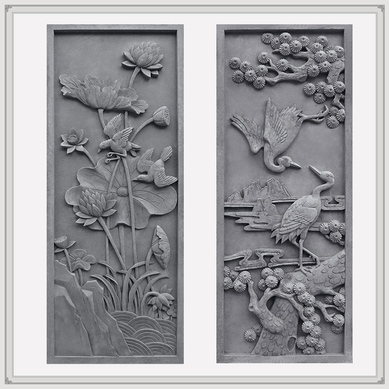 仿古砖雕青砖雕刻浮雕四合院室内外墙面对幅装饰挂件荷花松鹤延年