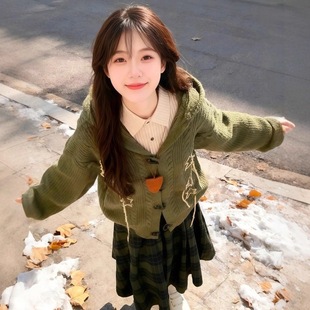 半身裙巨好看三件套 条纹衬衫 秋冬搭配一整套大码 胖mm连帽针织开衫