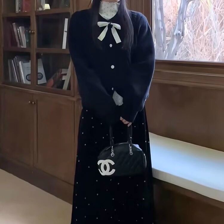 韩系温柔黑色圆领麻花针织开衫外套+打底内搭+波点长裙三件套装女,女装/女士精品,时尚套装,淘宝优惠券,粉丝福利购,淘宝优惠卷