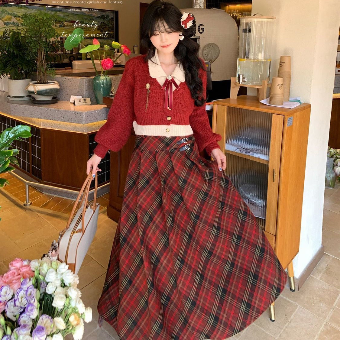 秋冬学院风减龄Polo领假两件毛衣针织开衫外套磨毛格纹a字半身裙,女装/女士精品,时尚套装,淘宝优惠券,粉丝福利购,淘宝优惠卷