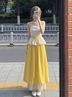 2026新款小个子初夏漂亮一整套黄色连衣裙子抹胸花苞上衣套装长裙