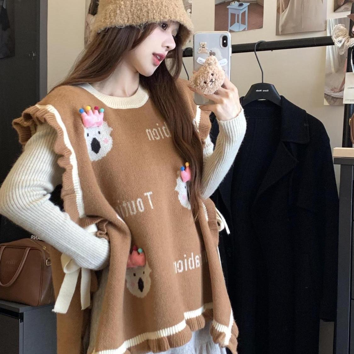 甜美秋冬穿搭韩版新款慵懒宽松绑带刺绣针织衫休闲背心坎肩马甲