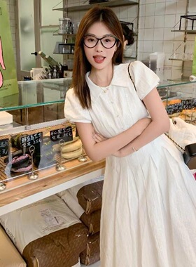 2026年夏季新款日系甜美白色连衣裙收腰褶皱气质拼接a字中长款裙