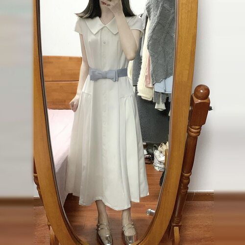夏季学院风POLO领短袖连衣裙女中长款收腰显瘦百搭过膝A字裙子潮
