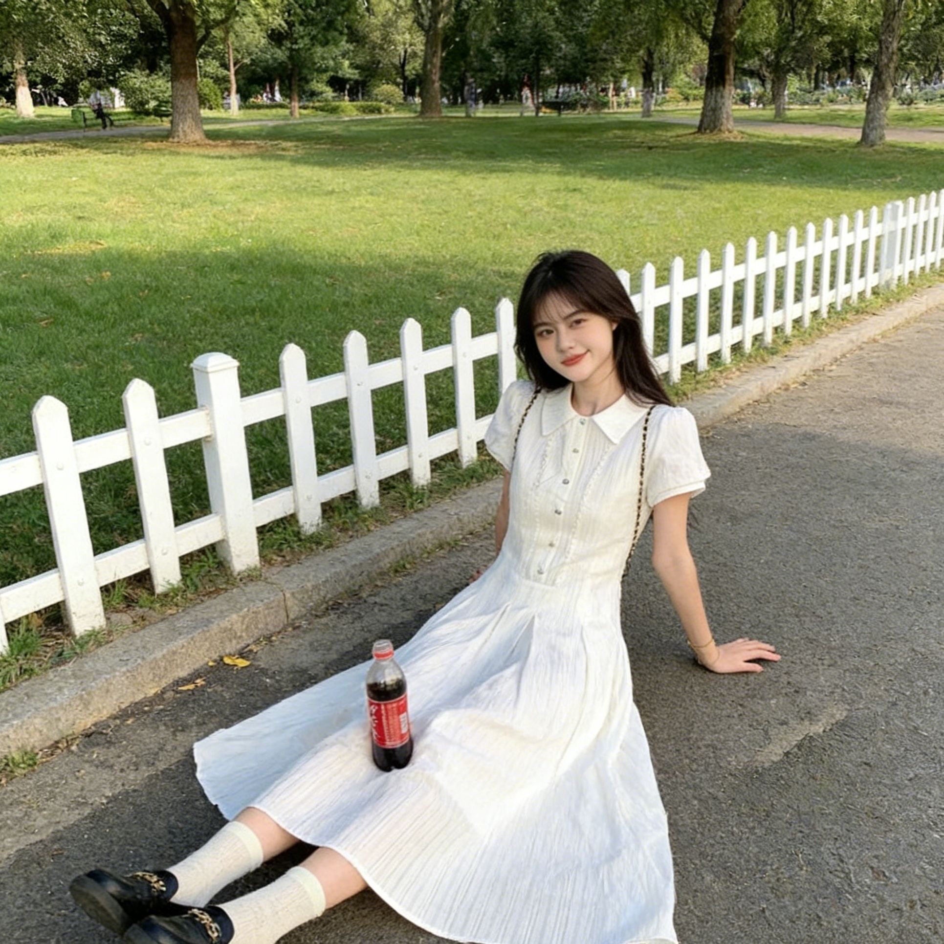 学院风白色泡泡袖衬衫连衣裙女夏季新款甜美初恋气质收腰显瘦长裙
