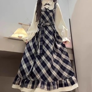 高级感韩系甜美学院风格 蝴蝶结收腰显瘦长裙 纹假两件连衣裙女秋季