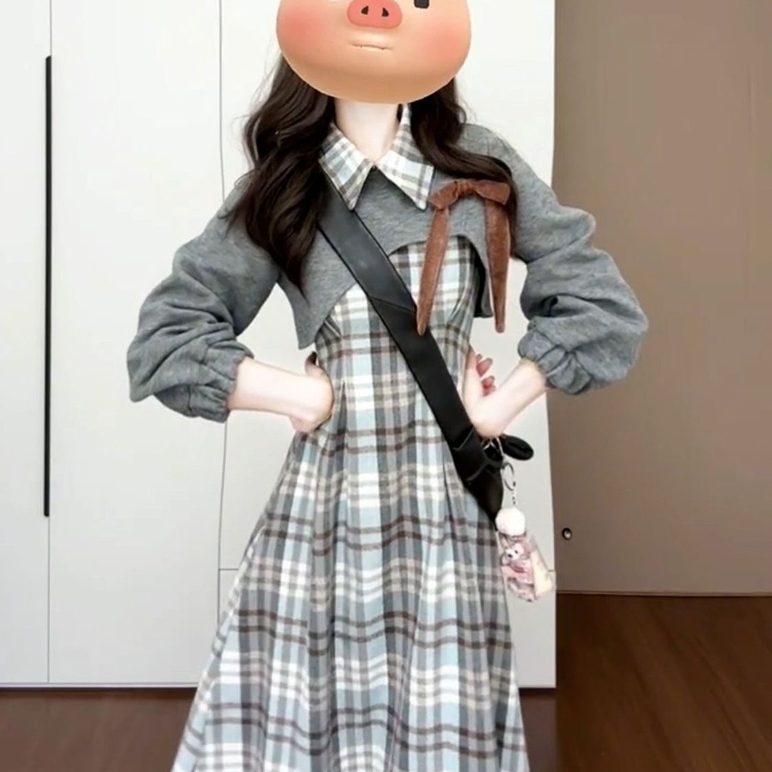 甜美温柔POLO领毛呢格纹背心裙