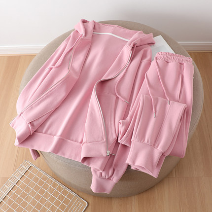 春秋季时尚粉色卫衣休闲运动套装女2024新款宽松洋气减龄两件套装