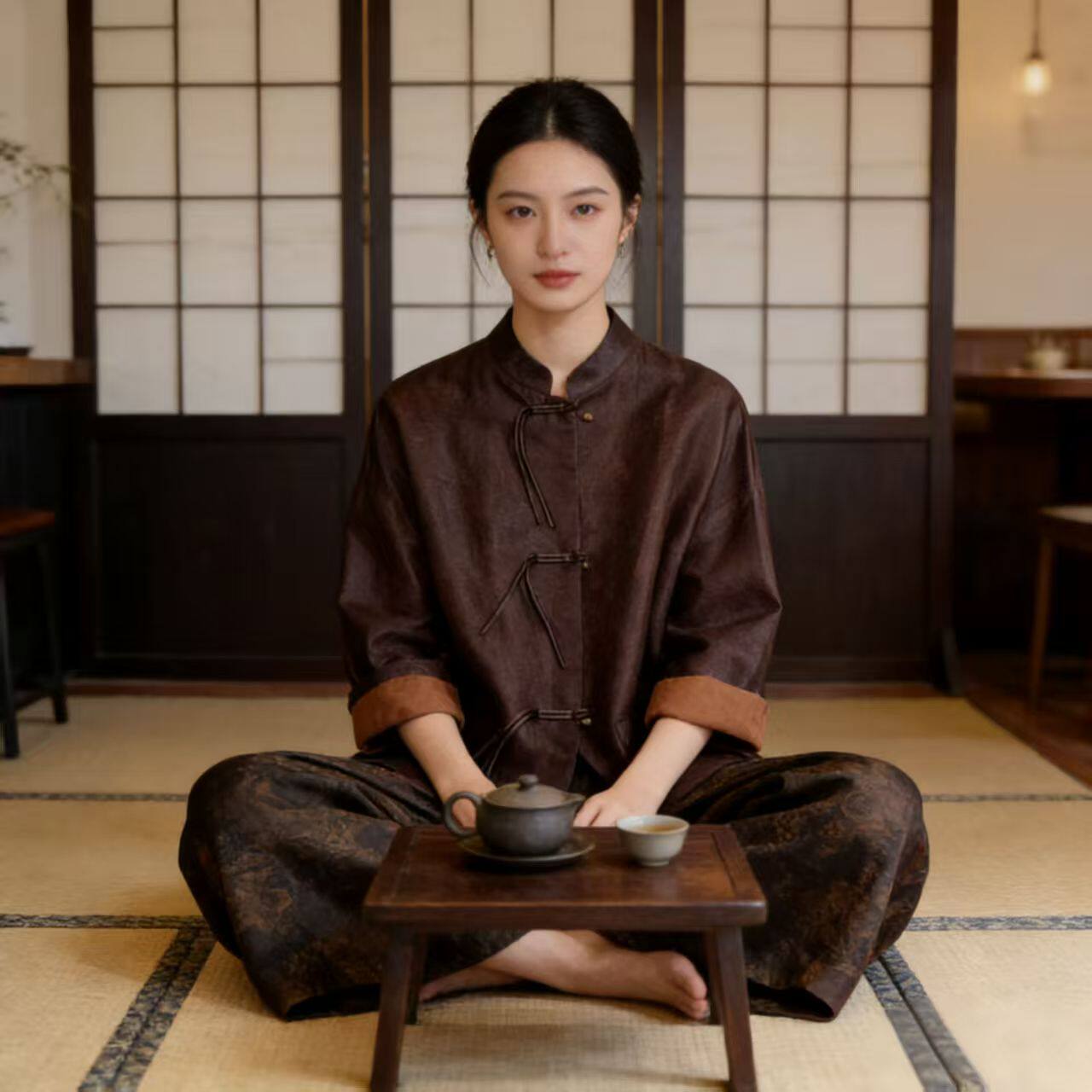 100%桑蚕丝香云纱红云纱上衣女