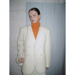 2.0 绵羊毛百搭无领外套女秋冬小香设计感气质博主穿搭上衣