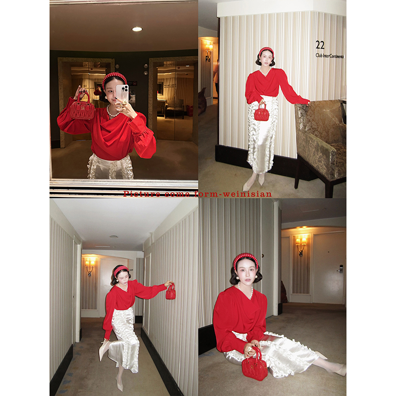 朱小姐原创设计小众兜兜领宫廷衬衣女春秋气质荡领长袖上衣