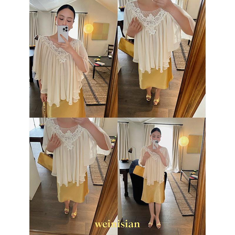 WEINISIAN朱小姐重工蕾丝V领花边斗篷罩衫上衣法式防晒小衫女夏季