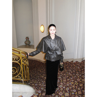 WEINISIAN朱小姐小众宫廷斗篷皮衣女2026新款夹棉长袖pu外套夹克