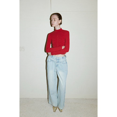 韩国设计师系列 抽褶针织上衣女春秋长袖百搭打底设计感t恤衫tee