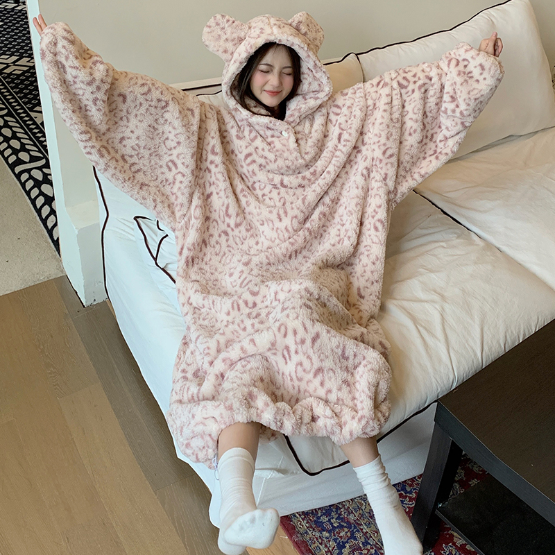 网红粉色豹纹睡裙女秋冬季珊瑚绒