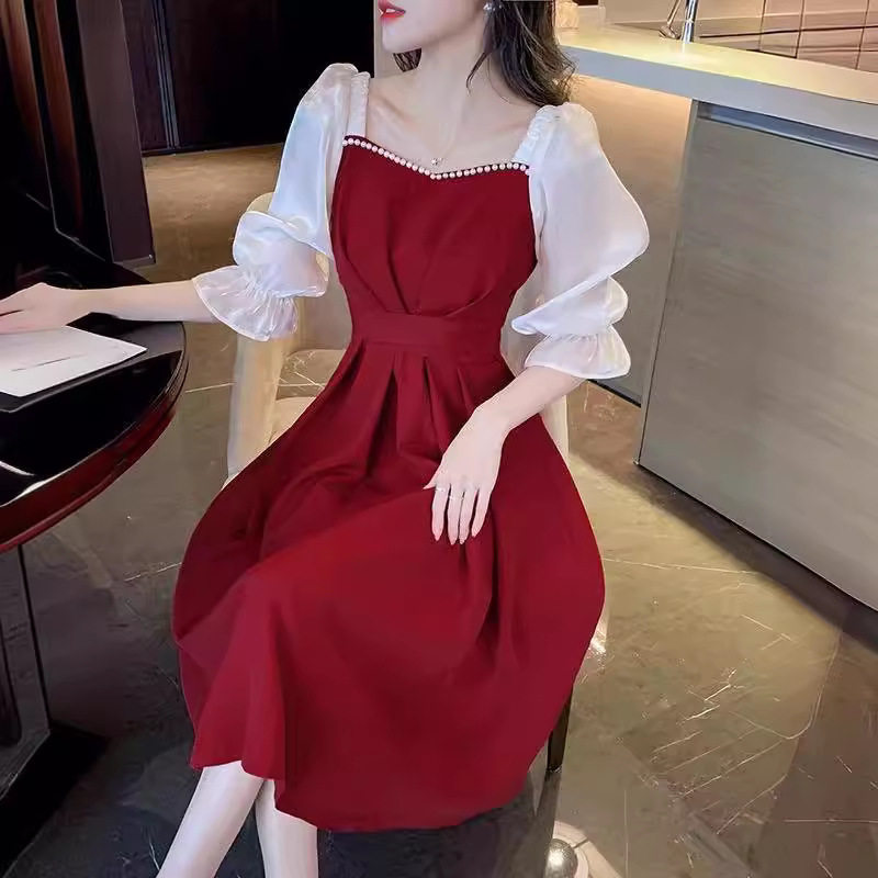 甜美法式红色连衣裙女五分袖2024夏季新款收腰显瘦中长裙A字裙子