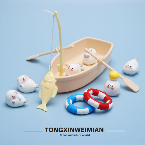 迷你可爱海豹钓鱼船仿真动物模型