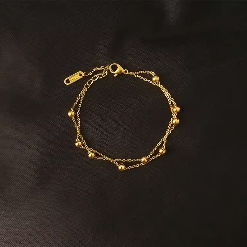 洗澡不用摘不掉色!双层小金珠手链女2025年新款时尚叠戴细款金豆