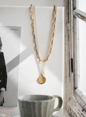 潮人多层叠戴锁条大小圆牌项链