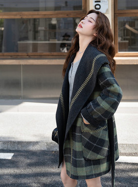 正版格子双面呢羊绒大衣高支手工缝制轻软柔暖刺绣AB两穿羊毛大衣