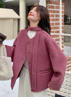 原创正版秋冬树莓色圆领双面呢羊绒短外套2025冬通勤宽松羊毛大衣