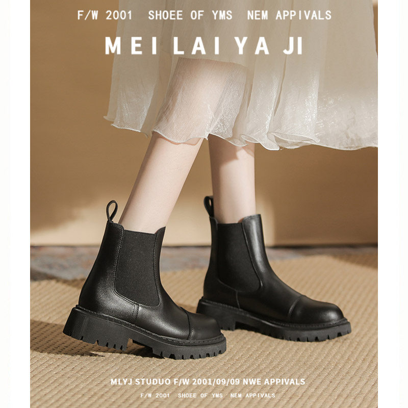 YIMEI SILK BLACK LEATHER PLATFORM CHIMNEY BOOTS WOMENS SPRING AND AUTUMN SINGLE BOOTS 2024 NEW CHELSEA MARTIN BOOTS FOR WOMEN