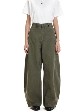 Syri解构裁剪拼接复古重磅休闲裤直筒裤无性别军绿色弯刀宽松裤子