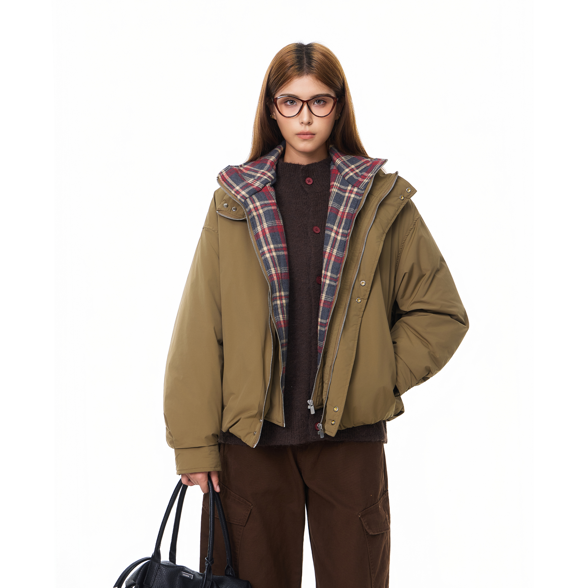 秋冬氛围感！格纹叠穿羽绒服外套