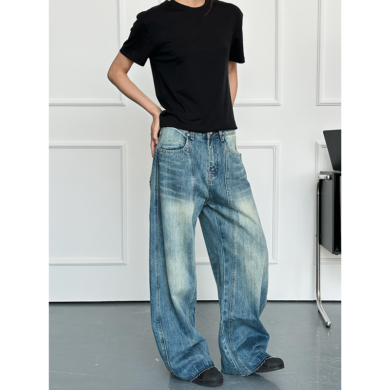 美式复古水洗解构渐变蓝色牛仔裤