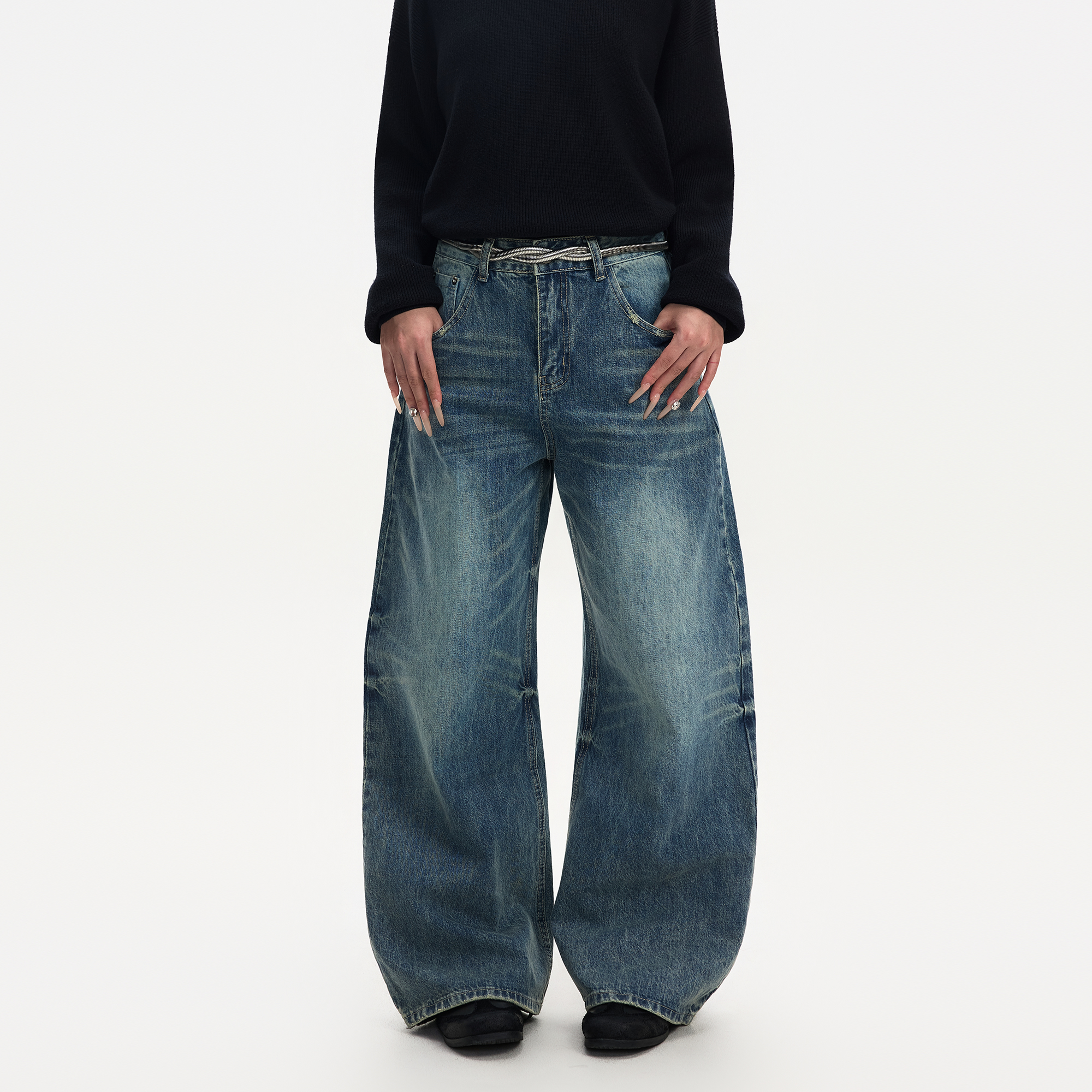 美式水洗弯刀牛仔裤男廓形