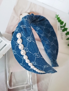 新款韩版水钻红色粉色布艺发箍复古珍珠牛仔布艺头箍甜美百搭发饰