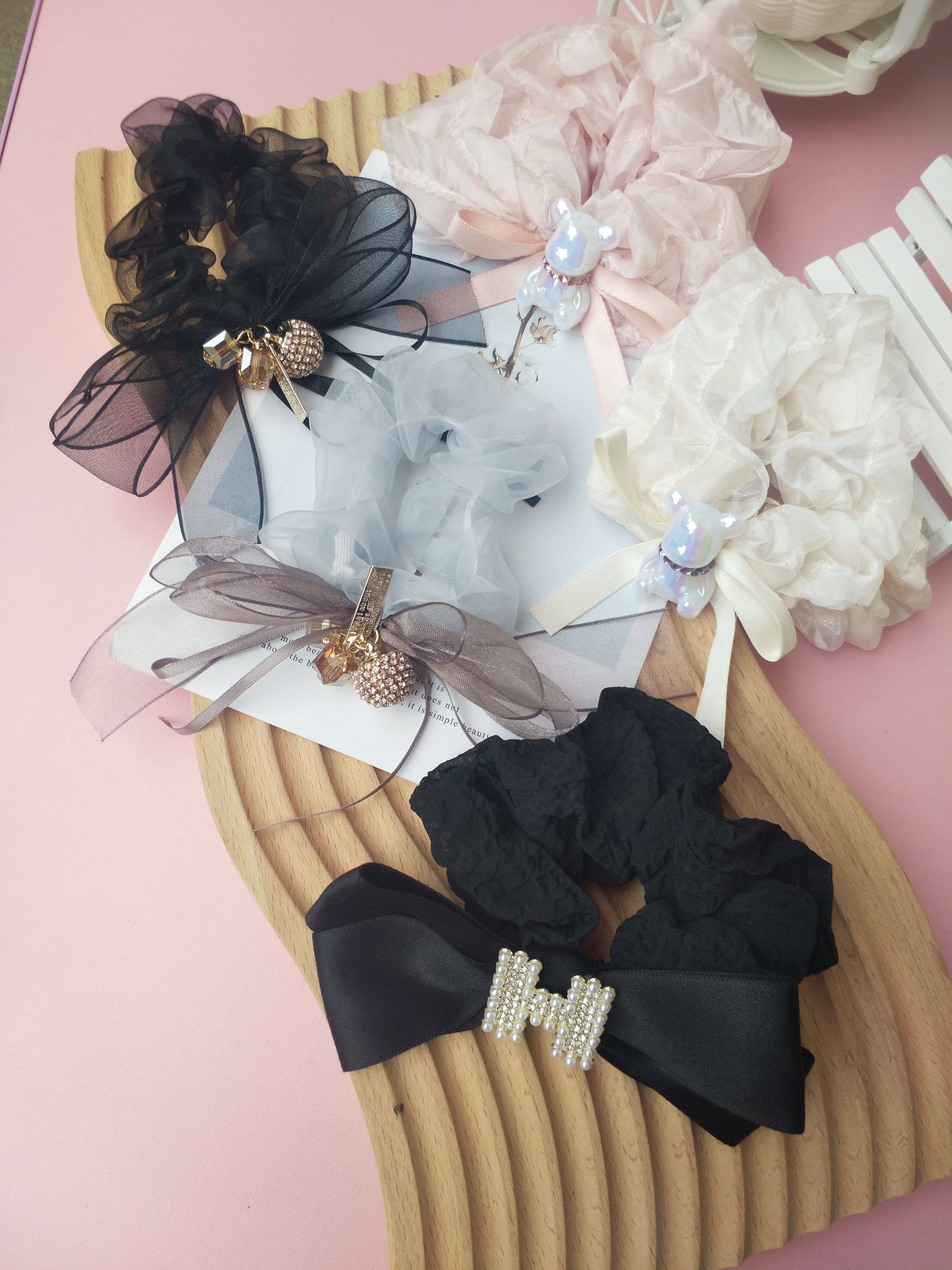 新款韩版网红人鱼姬小熊圆珠满钻欧根纱珍珠字母蝴蝶结马尾皮筋