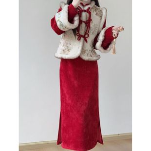 小个子加绒加厚红色旗袍拜年服套装女冬季圣诞元旦过年衣服连衣裙