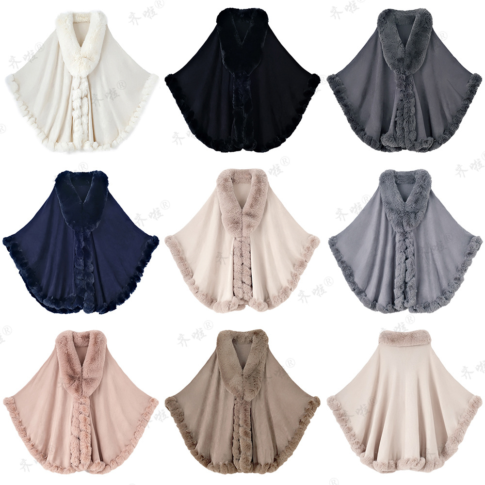 跨境仿獭兔毛领披肩斗篷外套旗袍外搭大码针织女披风