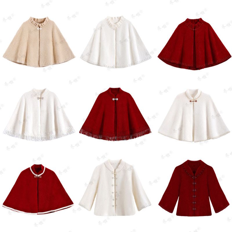 春秋水貂绒高档流苏旗袍短款开衫披肩纯色新娘婚礼针织斗篷外套女