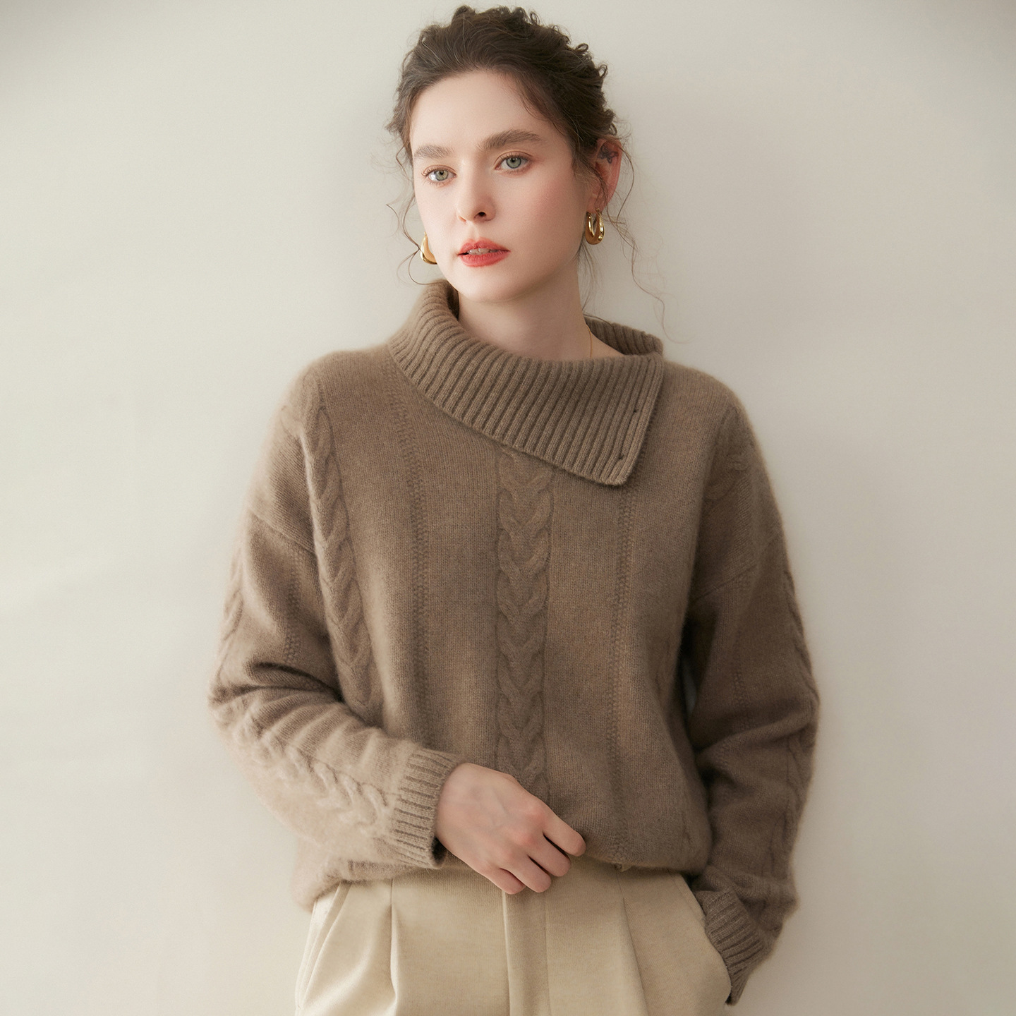 山羊绒衫2025秋冬新款女士高领五针三股绞花侧开扣厚款保暖打底衫